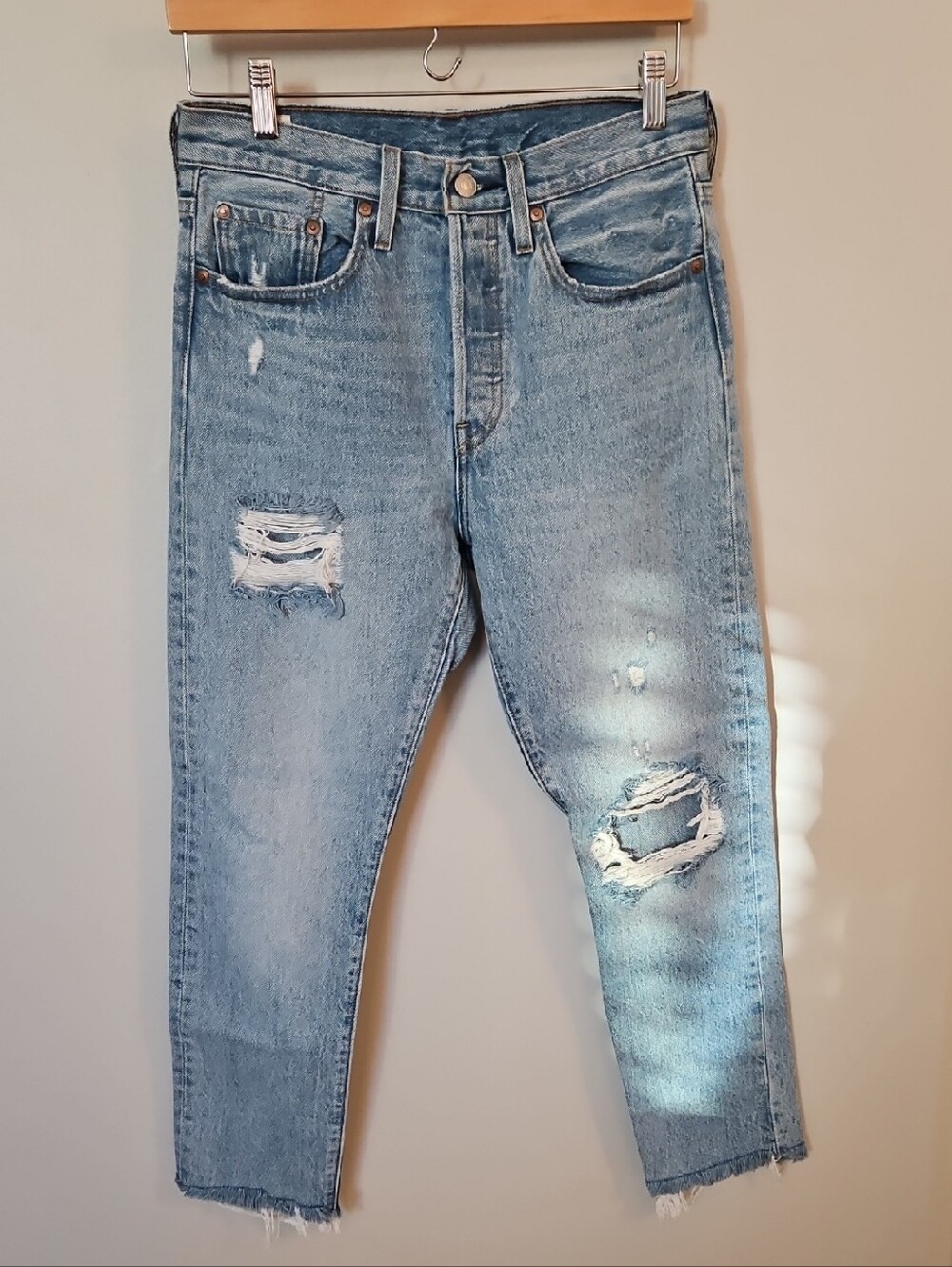 Levi's 501 Skinny Button Fly Light Blue Distressed Jeans